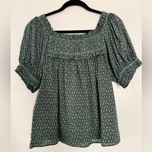 DOEN Frances boho peasant cotton top in dark green floral Small